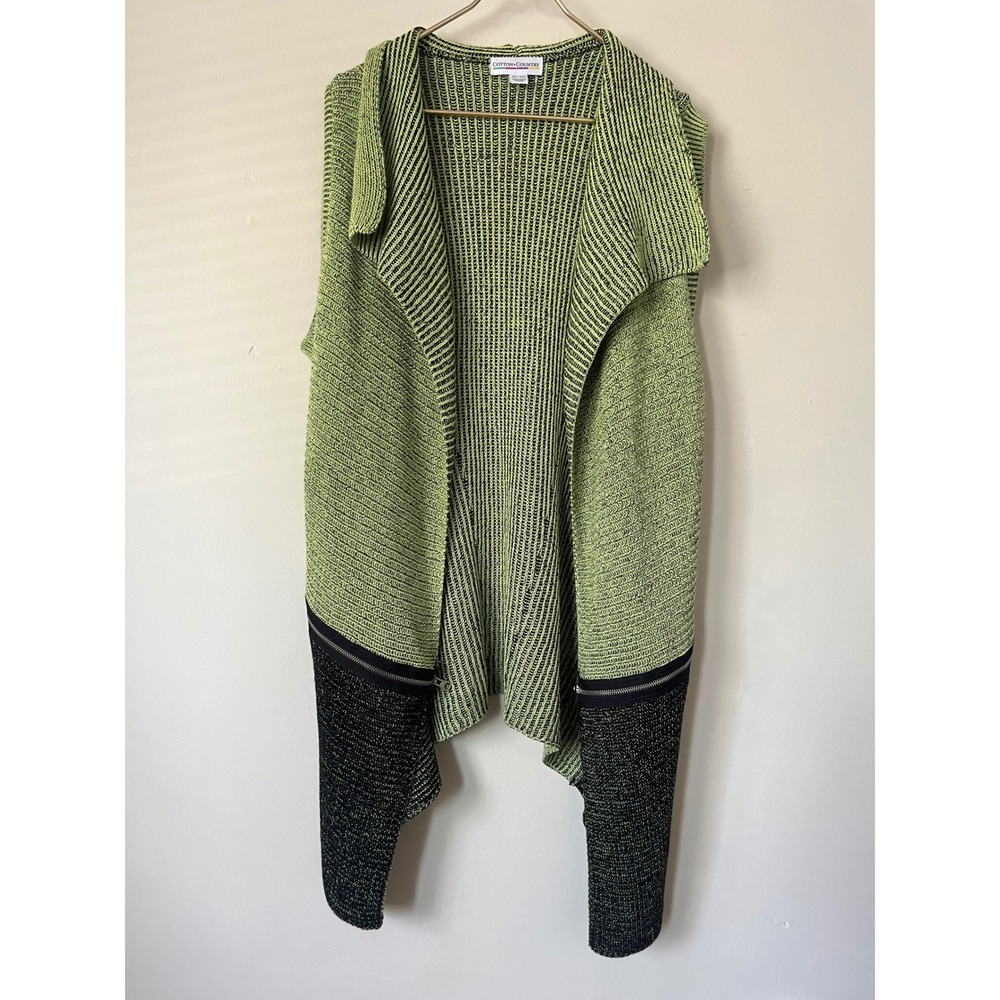 Cotton Country Womens XL Green Black Knit Vest Zipper Detail Open Front Cardigan